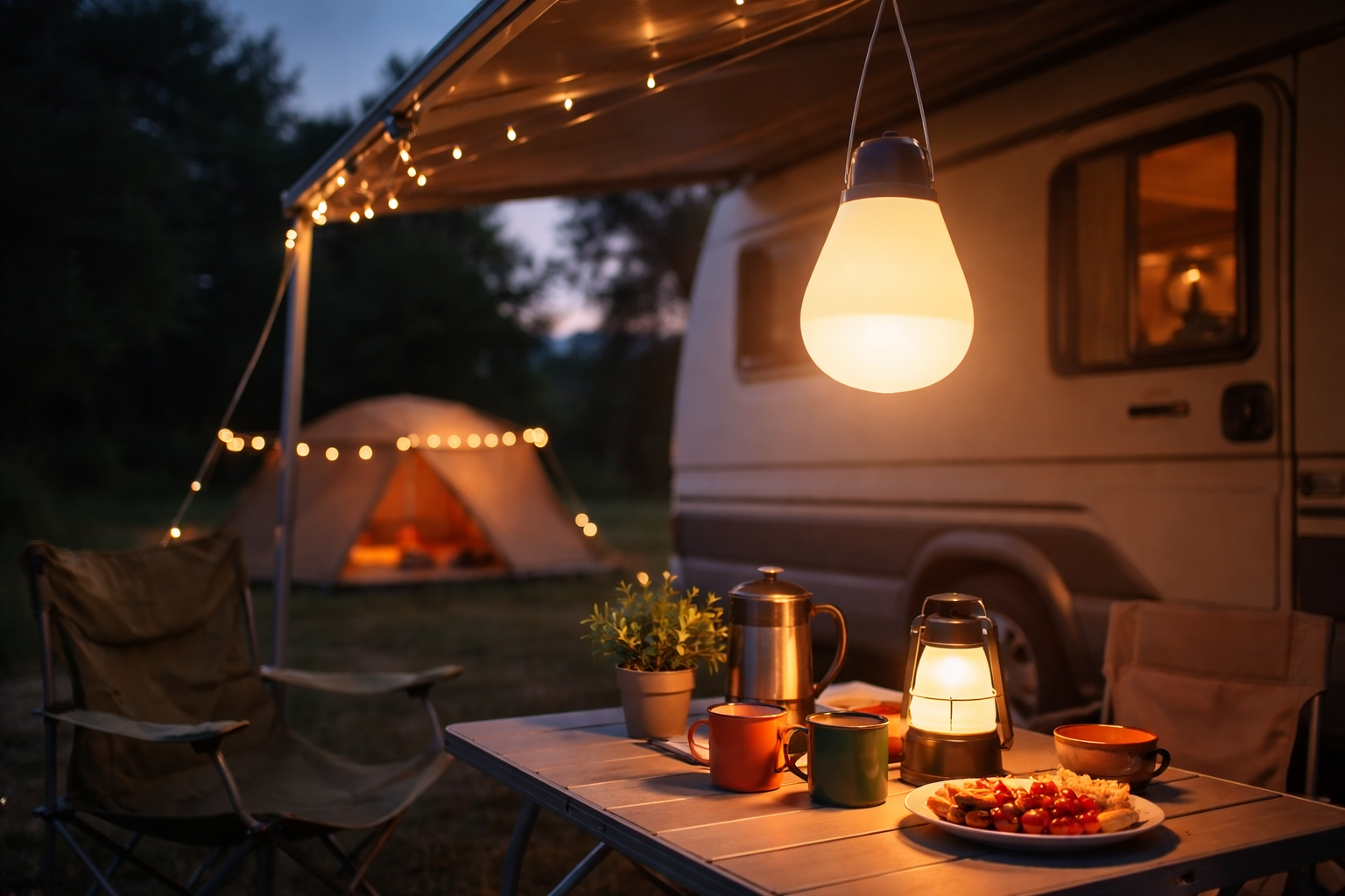 camping lamp bij caravan onder luifel met warm sfeervol licht in de avond