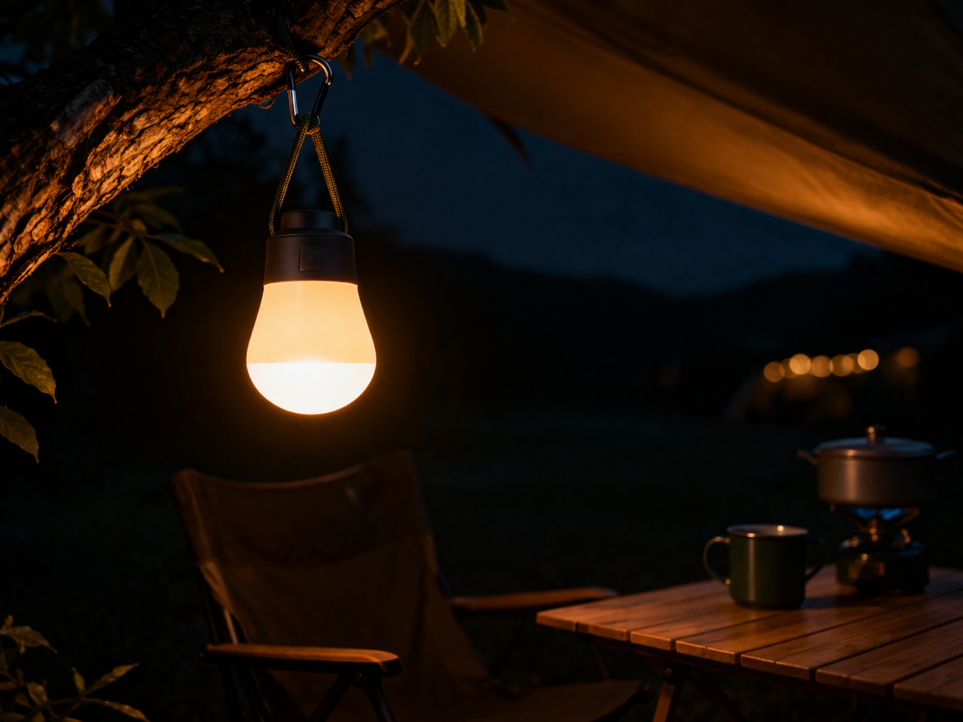 treklamp camping hangend aan boomtak met warm licht in de avond buiten
