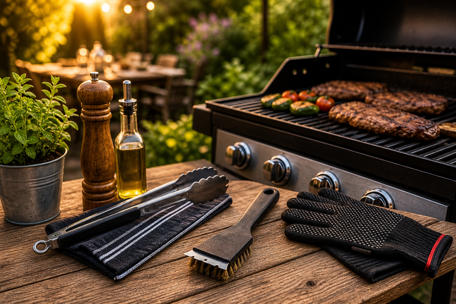 BBQ accessoires zoals tang, borstel en handschoenen naast barbecue in zomerse tuin bij zonsondergang