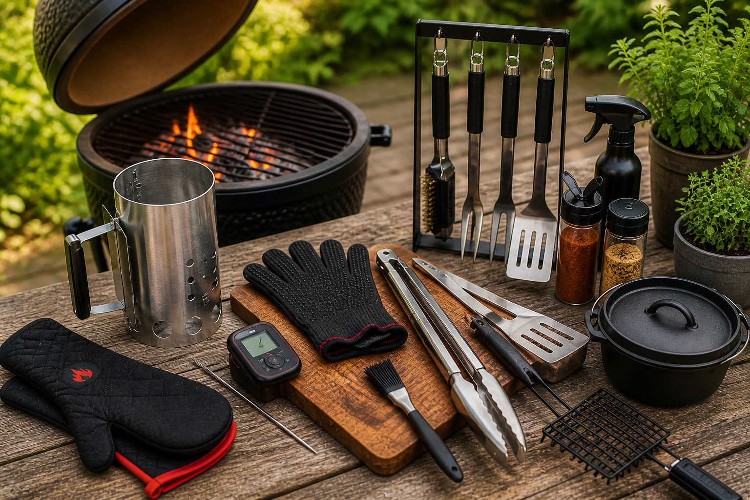 BBQ accessoires op houten tafel naast barbecue met grillgereedschap en barbecue tools