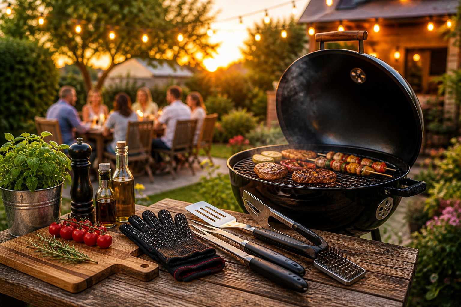BBQ in tuin tijdens zomerse avond met grill, vlees op barbecue en barbecue accessoires op houten tafel