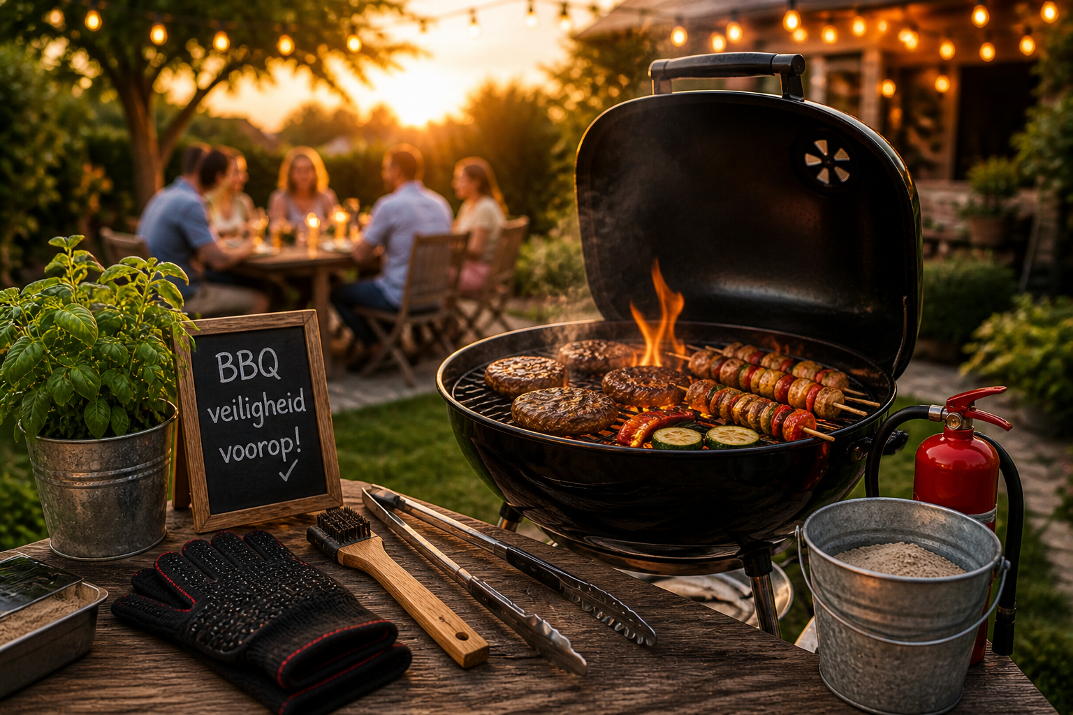 BBQ veilig gebruiken in tuin met grill, accessoires en veiligheidsmiddelen tijdens zomerse avond