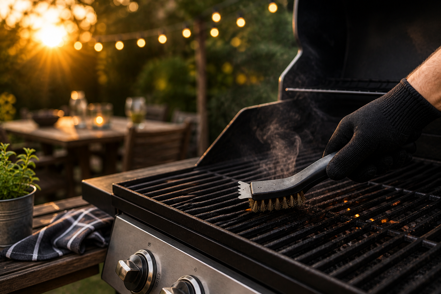 BBQ schoonmaken met grillborstel op rooster in zomerse tuin tijdens zonsondergang